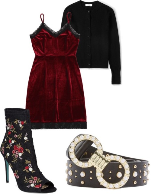 Rhys by someliketoshop featuring crop topsVelvet dress / Everlane crop top / Betsey Johnson red boot