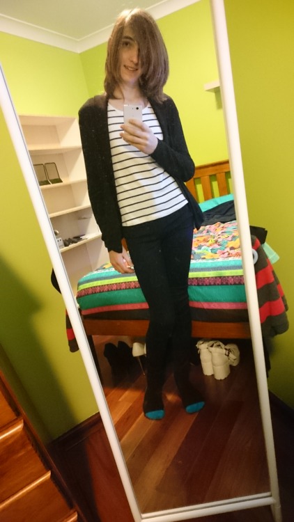 toyingwithcorsets:  And now for something actually related to my transition.First image: me on November 14th, 2014. This was the day I started anti-androgens and thus physical transition (I had been growing my hair since late November 2013 though). I