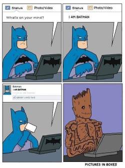 thedailysuperhero:  When Batman and Groot are friends on social media… 