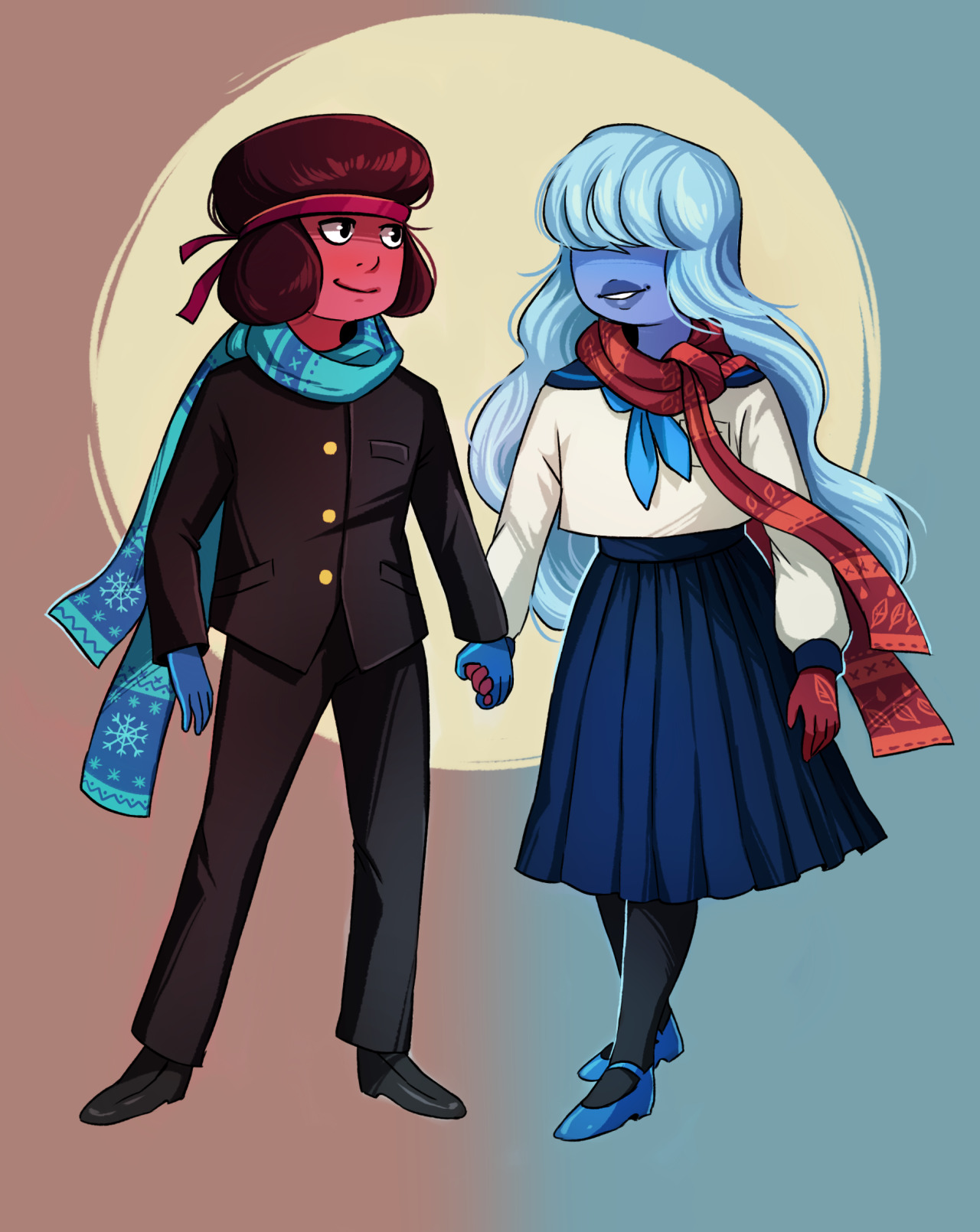 s-opal:  a couple of commissions with ruby and sapphire from the school AU(thanks