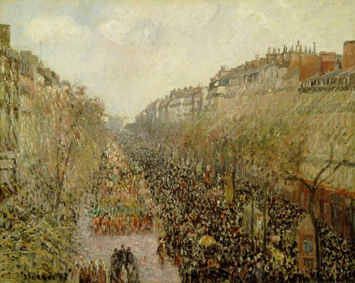 insipit:  Camille Pissarro (1830–1903, France)Boulevard Montmartre series  Pissarro was a Danish-French Impressionist and Neo-Impressionist painter. He studied from great forerunners, including Gustave Courbet and Jean-Baptiste-Camille Corot, then later