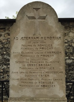 vexilloquy:  vexilloquy:  Next to Lafayette and Adrienne’s grave is a little fenced in area which seems to be the Noailles clan, but after hours of tearing my hair out, I wasn’t able to figure out who some of them were. Here’s the gravestones of