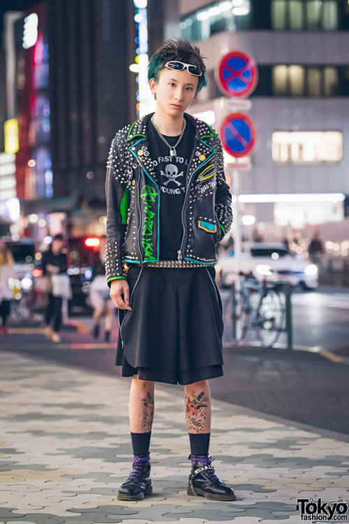 Cheney on the street in Harajuku wearing a studded leather jacket, &ldquo;Too Fast To Live Too Y