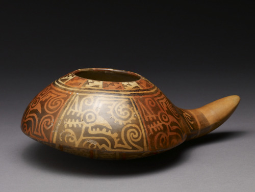 Painted “dipper” vessel of the Recuay people of the north-central Andes, decorated with a monstrous 