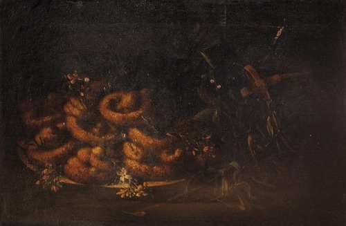 Giuseppe Ruoppolo (1631 - 1710)“Doughnuts in a Ceramic Plate  and Orange Flowers  On a Table”