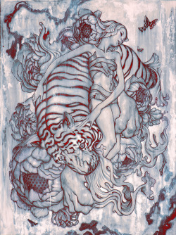 jamesjeanart:  Tiger III. Charcoal and Acrylic on Printmaking Paper with Digital Color, 22 x 30”, 2014. 