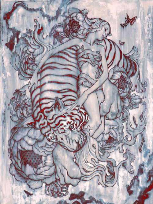 Tiger III. Charcoal and Acrylic on Printmaking Paper with Digital Color, 22 x 30&quot;, 2014.