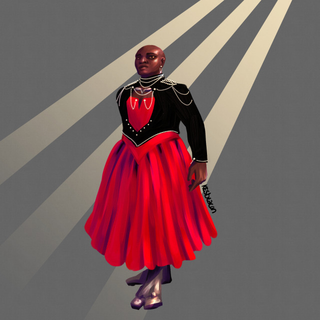 [id: three, a tall, broad construct with dark skin, wearing a really fancy outfit. a full-skirted red dress, with a black jumper/jacket with a chest window. the jacket is trimmed with row after row of pearls, and three is wearing pearl earrings. it is 'barefoot' aka has its construct feet on display.]