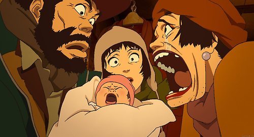 drawandbemerry:  Tokyo Godfathers. This my friends, is a masterpiece of a movie. Three homeless people, A runaway teen, a alcoholic father, and an ageing trans woman, are wandering the streets on Christmas eve, when they find a baby abandoned in a dump.