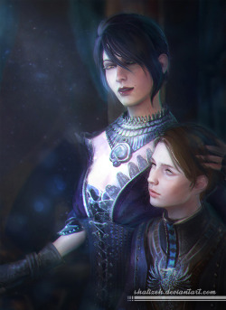 shalizeh7:  Fanart of Morrigan and Kieran from Dragon Age Inquisition. DA page link - http://shalizeh.deviantart.com/art/Family-529332899