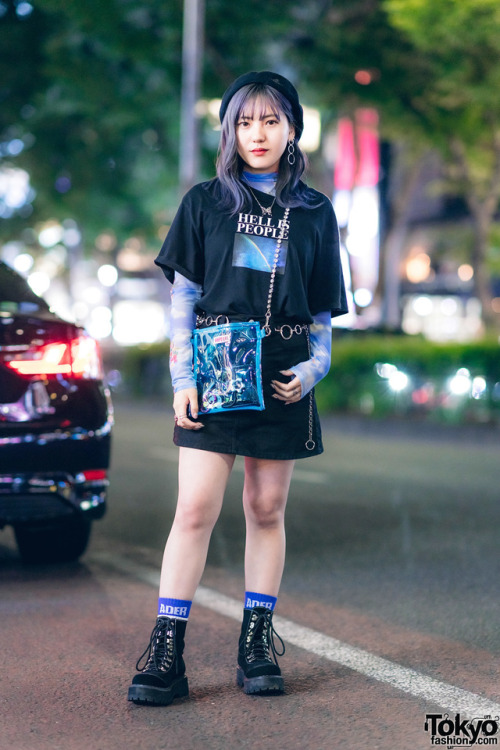 18-year-old Yuka on the street in Harajuku wearing a Faith Tokyo beret, UNIF &ldquo;Hell is People&r