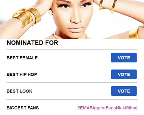 all-nickiminaj:MTV Ema’s 2014 Vote for Nicki Minaj here: tv.mtvema.com/artists/nicki-minaj/sc
