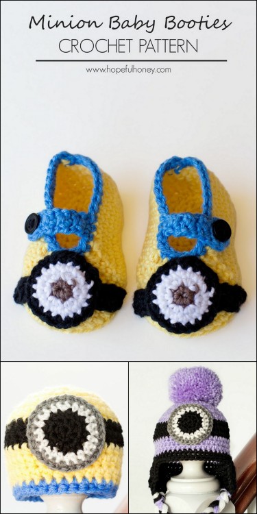 DIY Crochet Minion Newborn and Baby Booties and Hats from Hopeful Honey. Crochet Baby Minion Booties