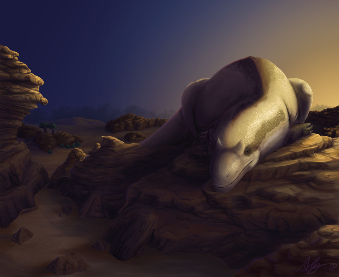 It’s dinosaur day, so I thought it would be a good opportunity to upload my paleoart of a sleeping Allosaurus.
I might or might not died once or twice while drawing those rocks and skin details