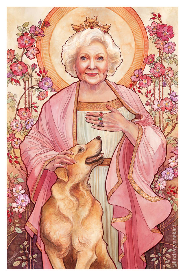 daziechane:If you loved Our Blessed Rebel Queen: Carrie Fisher you’ll be excited to see her newest companion:Our Lady of Grateful Camaraderie: Betty WhiteCheck out these two and more at artist Lindsay van Ekelenburg’s site and shopify.