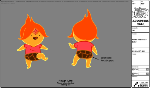 from lead character & prop designer Matt Forsythe:  Baby Flame Princess design for Earth & Water. Based on a concept by Luke Pearson. Line cleanup by Alex Campos. Color styling by Catherine Simmonds. 