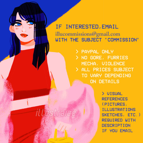 illustraice:hi!  i’m opening commissions <3 it’s been a weirdly rough month for me, and financial