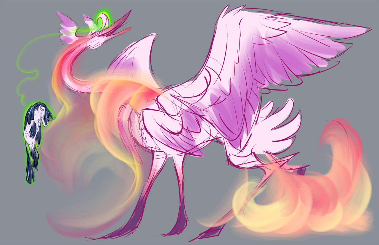 A giant pink alicorn laughs and holds a white unicorn up with the magic of her horn.