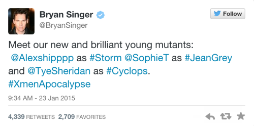 xmendaily:Director Bryan Singer has announced a trio of actors for his upcoming X-Men: Apocalypse, w