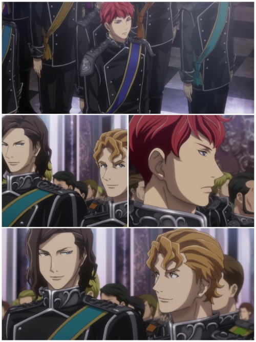 collage of scene from coronation where Mittermeyer and Reuenthal exchange knowing glances while looking at Kircheis