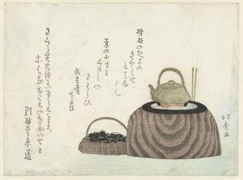 Shôtei Hokuju, Kettle on stove, woodcut print