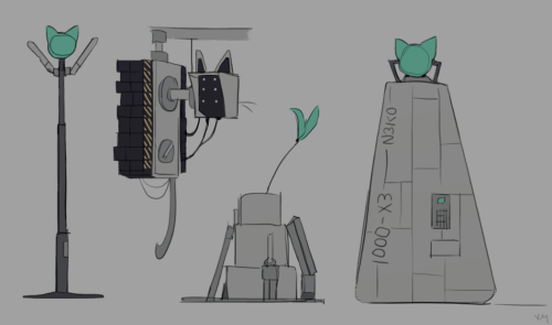 the next doodle is an extension of the earthmover one, being its defense system. each part of the system is given cat ears, tails, whiskers, and/or other things such as feather toys. the writing on the core is changed to say "1000 - X3 - N3K0"