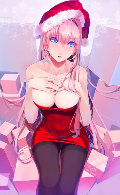 vocaloid、megurine luka、okingjo、dress、pantsu、pantyhose、pink hair、santa hat、red dress、crotch seam、thighband pantyhose、solo、underwear、breasts、1girl、hat、absurdres、cleavage、christmas outfit、blush、panties under pantyhose、long