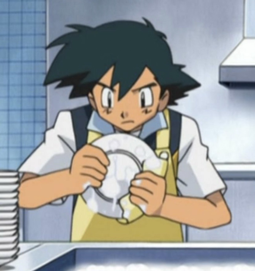 shigerussato:ash washing dishes pissed off, because gary won’t let him help with the cooking :