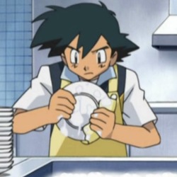 shigerussato:ash washing dishes pissed off, because gary won’t let him help with the cooking :