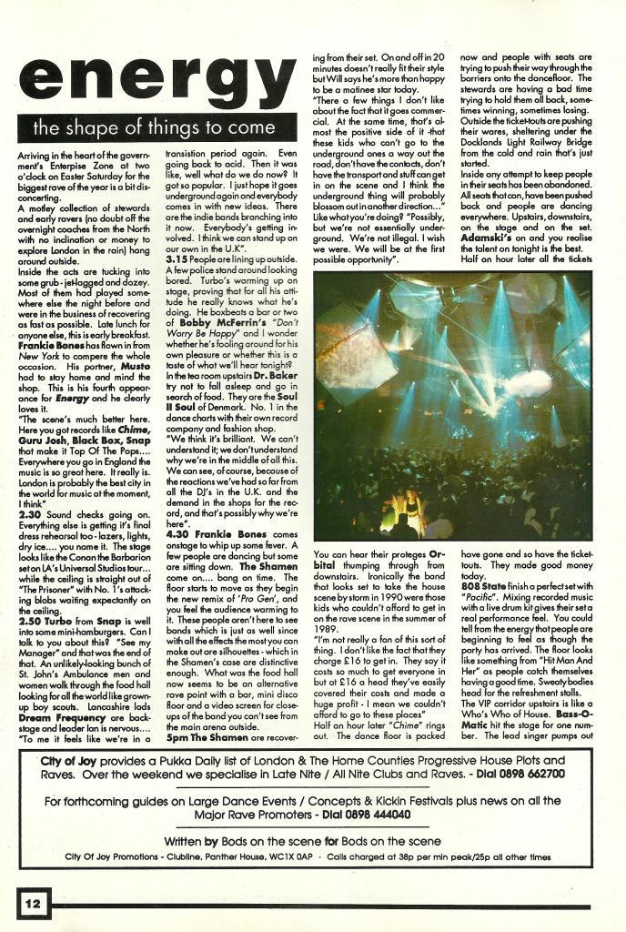 Article about a Energy rave at London Docklands from May 1990s edition of Rave Magazine (1990)