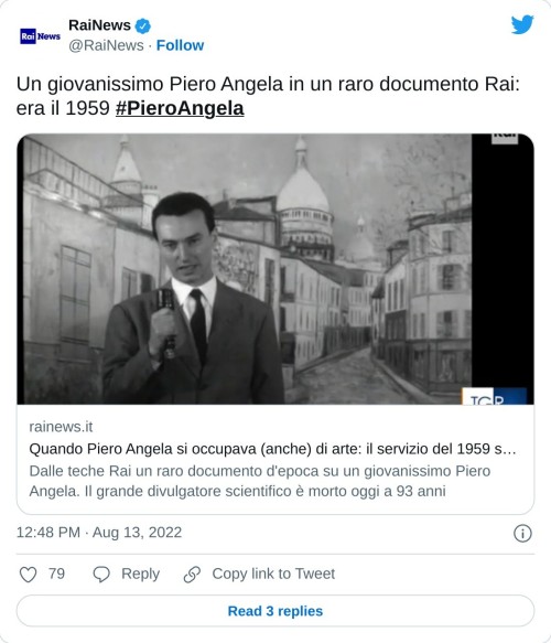 Un giovanissimo Piero Angela in un raro documento Rai: era il 1959 #PieroAngela https://t.co/bvPAo0mReg  — RaiNews (@RaiNews) August 13, 2022