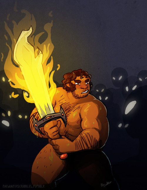 thewinterscribbles:He’s back and ready to Fight™[image description: a drawing of Magnus, naked and w