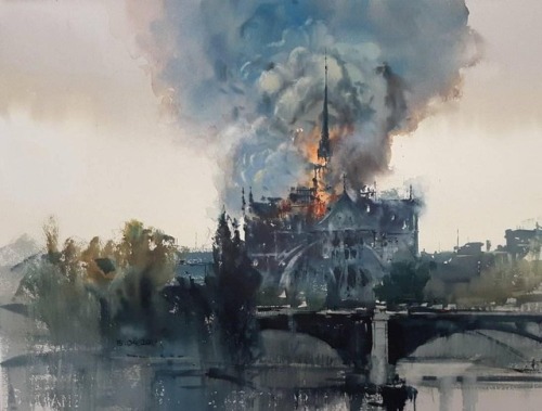Notre-Dame by Michal Jasiewicz..#jasiewicz #painting #michal #notredame #flames #fire #hell #saddest