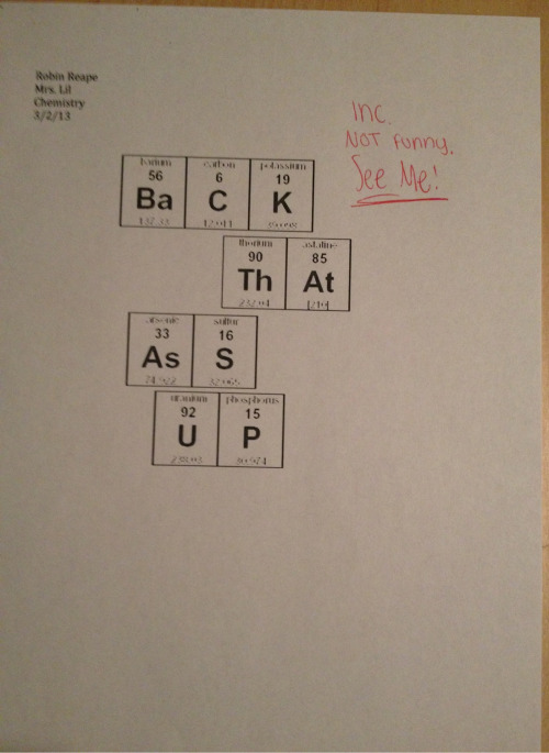 the-absolute-funniest-posts:  v-oltage: We had to make words out of the elements in chem. My creativ