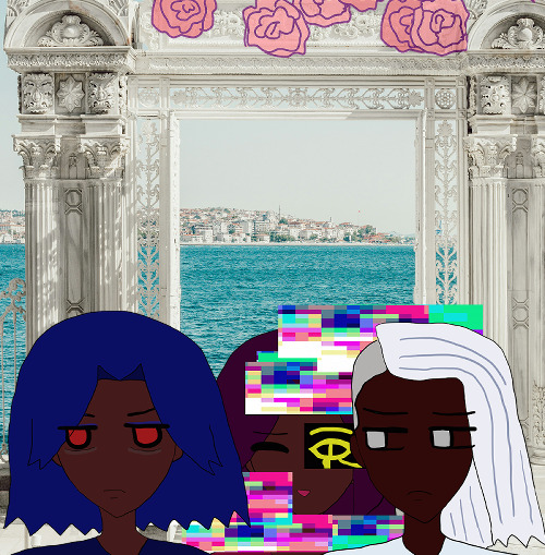 the triplets are in front of an ornate white door with no walls in turkey. an aquamarine ocean is behind them and a white-colored turkish town far off. antonio's frowning and not getting any sleep with red eyes irritated and brows drawn. he has blue hair like waves. behind him is a strange fernando who is glitching and smiling but has the eye of horus in gold in front of his left eye. raj is frowning as he stares at antonio next to him with dark brown skin and falling silver hair that's flipped. only pink roses 'hang' on the white door's upper area.