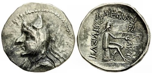 Silver Parthian drachmas. The first drachma is of king Mithridates I (171-135 BCE), the second, King