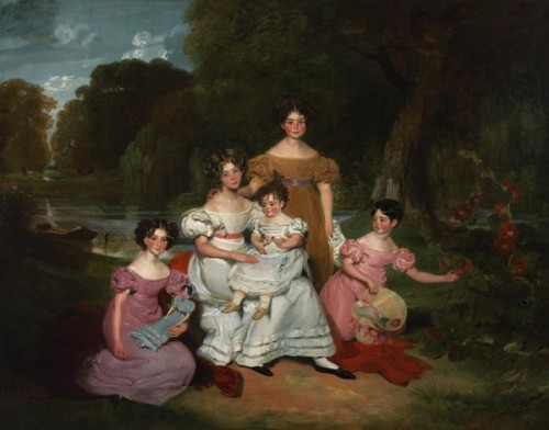 Group portrait of the Hunt family in a landscape before a river by Henry Wyatt, 1828