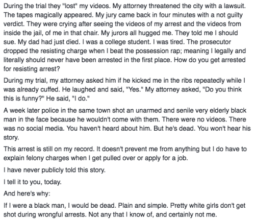 micdotcom:  This white woman’s shocking account of police brutality reveals the importance of the #BlackLivesMatter movement Molly Suzanna shared a story on Facebook that she had never told before: when she was 19, she ran a red light while crying,