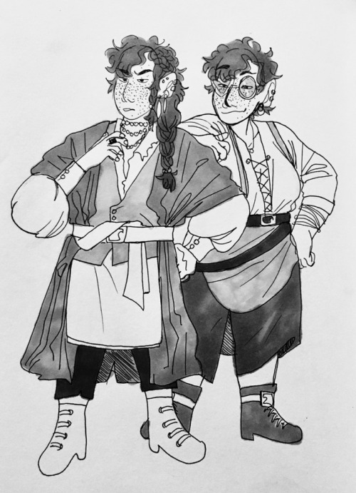 ffuscous:The twins[image description: a line drawing of Taako and Lup, fat twin elves with dark curl