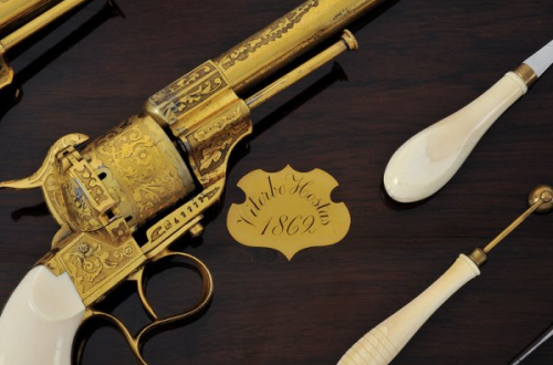 Fine cased set of gold plated ivory handled, and engraved French Lefaucheux pinfire revolvers, dated