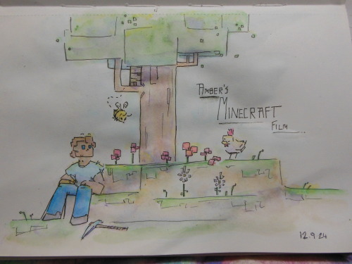 A traditional watercolour artwork of minecraft steve stitting by an oak tree. There are numerous red flowers, some white flowers, and a chicken and a bee.