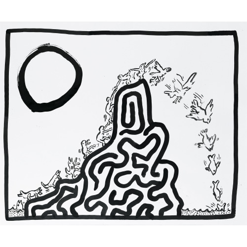 ochyming:Keith Haring 1958-1990 SANS TITRE, 7 juin 1987 ink on paper70 x 85 cm. | 27 ½ x 33 ½ in.