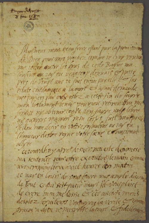 A letter written by Mary Stuart (Mary Queen of Scots) in french to the the brother of her deceased f