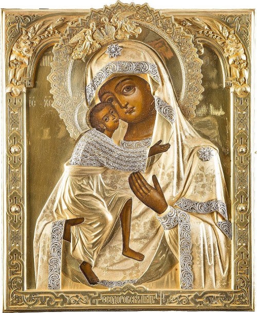 Russian Orthodox gilt Icons;St. Panteleimon, late 19th centuryThe Kazanskaya, c. 1900  and Feodorovs