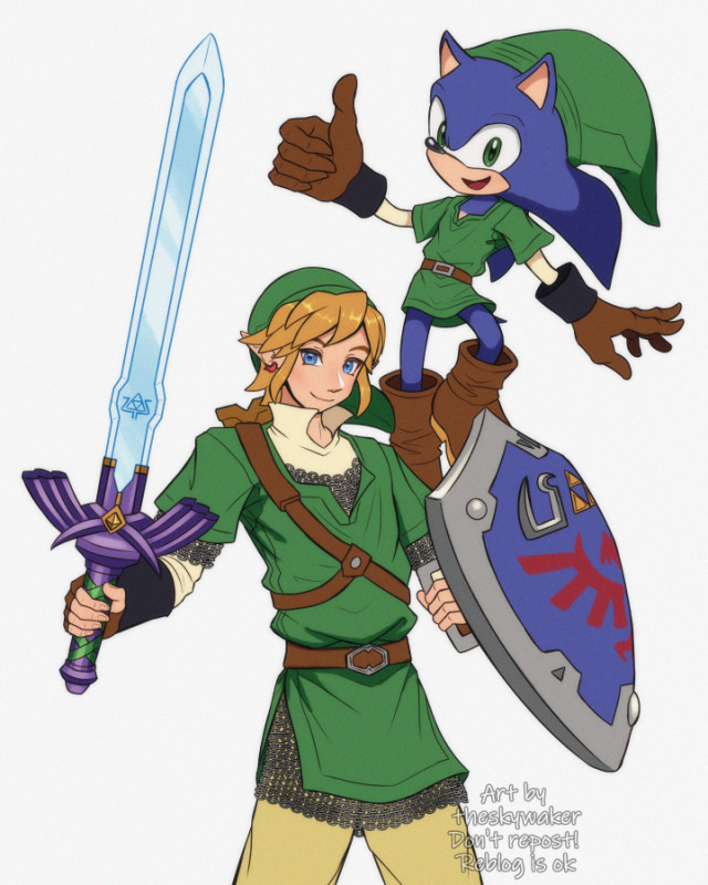 thinking about the fact that link from skyward sword met sonic the hedgehog in the sonic lost world DLC... #legend of zelda  #sonic the hedgehog #sonic#skyward sword#link#fan art#2022#portrait#flat color