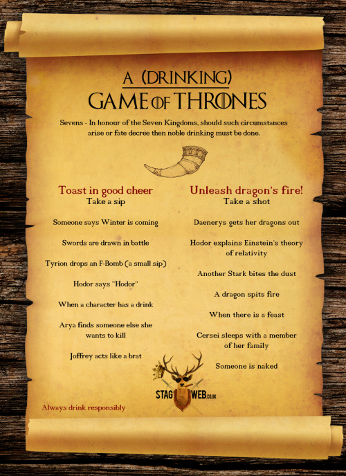 Love Game of Thrones? Then check out this "Drinking Game of Thrones" infographic created by our friends StagWeb.co.uk