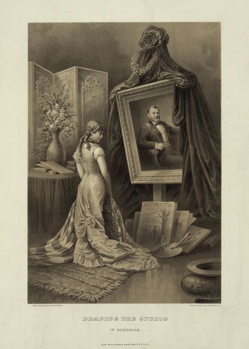 drtuesdaygjohnson: ca. 1886, “Draping the studio in memoriam” [lithograph featuring a young lady adm