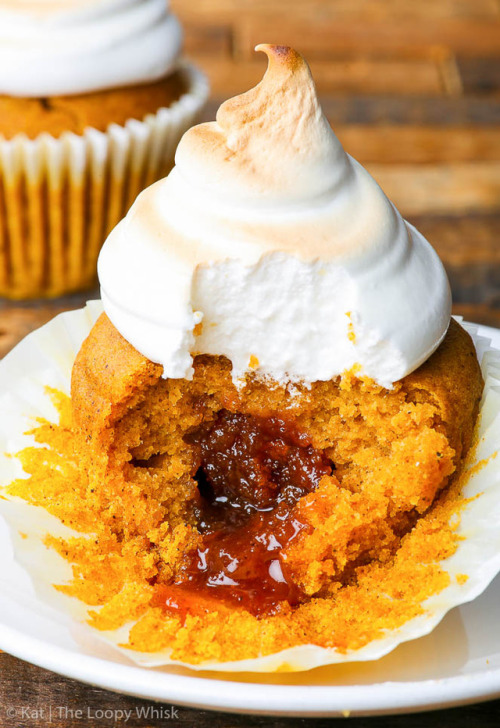 sweetoothgirl:CARAMEL STUFFED PUMPKIN CUPCAKES WITH MARSHMALLOW FROSTING (GF + DF)