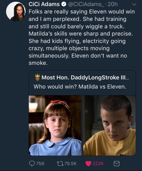 hypochondria-boy:  lesbianalena:  gingerglides:  biomerge:  this is SO funny  The idea that, if Eleven and Matilda ever met they would be enemies or fight is totally ludicrous. Matilda would take one look in Eleven’s lost, angry eyes, and take her in.