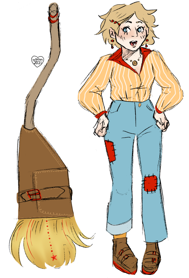 A colored sketch of a blonde girl with blue eyes, dressed in primary colors. a broom with a saddlebag and bead chains in the straw is shown next to her.